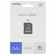 Micro SecureDigital 64GB Smartbuy Advanced Class 10/U3/V30/A1; R/W up to 90/55 (с адаптером SD)